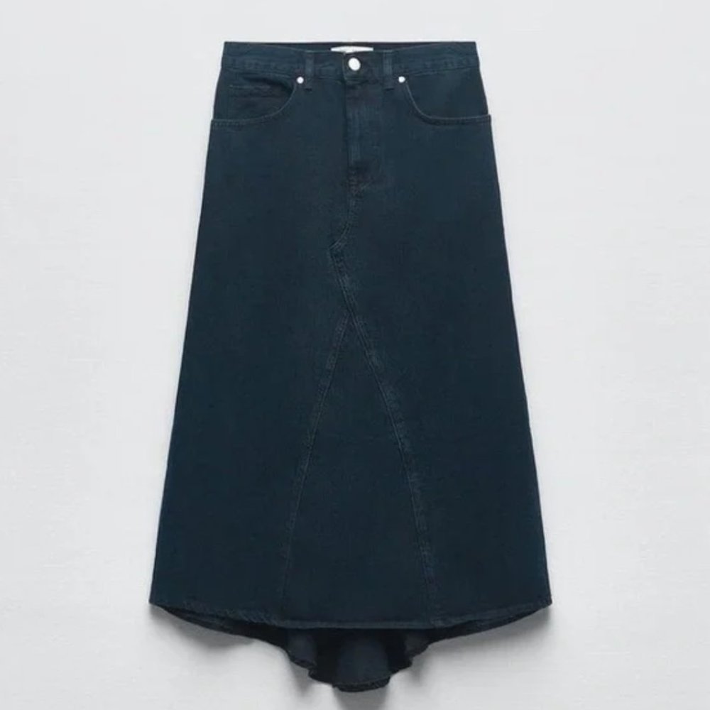 NEW ZARA High-Rise Five-Pocket Denim Midi Fishtail Skirt Dark Navy Small - Picture 6 of 9